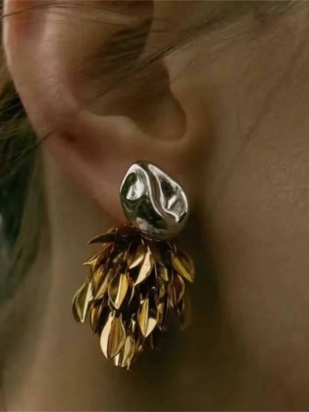 Gold and Silver Leaf Cluster Drop Earrings